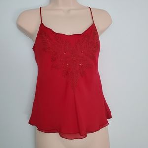 EUC Vintage 70s/80s Bethany Red Crepe Beaded Camisole Tank -Sz S/M?